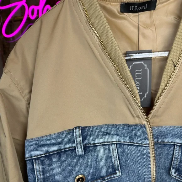 NWT Mesh Layer Bomber Jacket Denim and Tan Ruffle Jacket - Picture 3 of 13